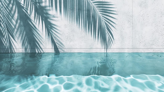 Tropischer Sommer-Hintergrund mit Betonwand, Poolwasser und Palmblatt-Schatten Generativ Ai