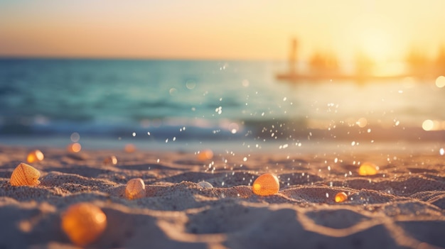 Tropischer Sommersandstrand und Bokeh-Sonnenlicht auf Meereshintergrund Generative KI