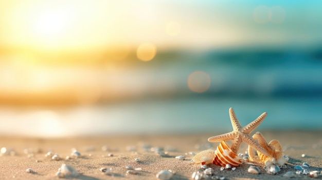 Tropischer Sommersandstrand und Bokeh-Sonnenlicht auf Meereshintergrund Generative KI