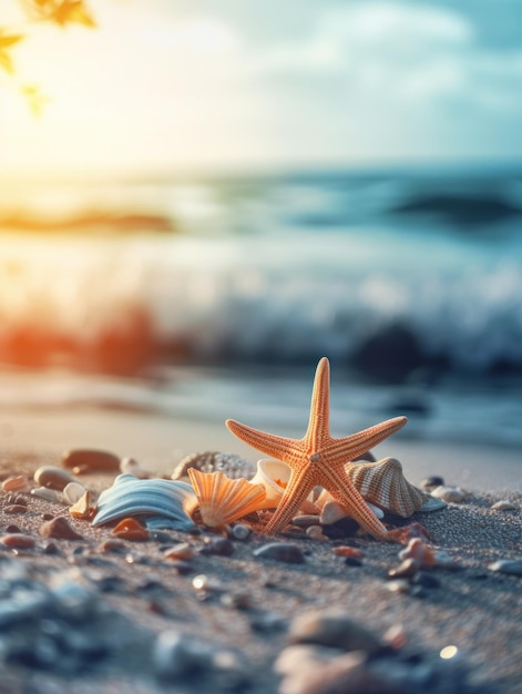 Tropischer Sommersandstrand und Bokeh-Sonnenlicht auf Meereshintergrund Generative KI