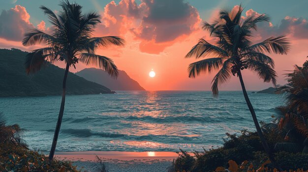 Tropischer Sonnenuntergang am Strand mit Palmen und Meereswellen