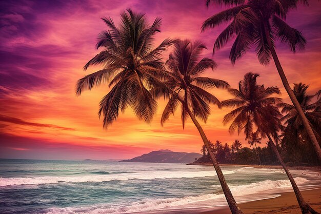 Tropischer Sonnenuntergang am Strand mit Palmen