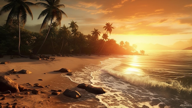 Tropischer Sonnenuntergang an einem Strand mit Palmen
