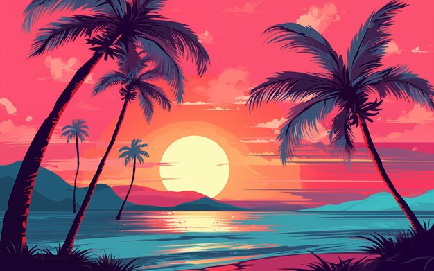 Tropischer Sonnenuntergang im klassischen Retro-Stil mit Palmstrandsonnenuntergang