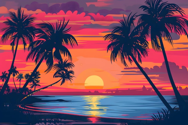 Foto tropischer sonnenuntergang mit palmen und meer vektor-illustration