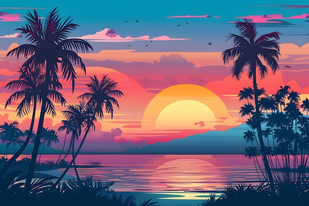 Foto tropischer sonnenuntergang mit palmen und meer vektor-illustration