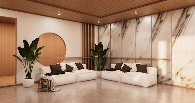 Tropischer Stil des Innenwohnzimmers mit Wandgranit design.3D Rendering