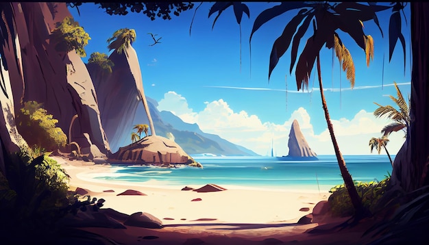 Tropischer Strand 2D-Hintergrundumgebung für ein mobiles Spiel Eine hochwertige horizontale Hintergrundlandschaft Designstandort für Gaming-Vorlagen Generative ai