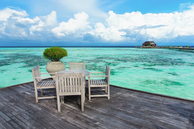 Tropischer Strand auf den Malediven mit wenigen Palmen und blauer Lagune