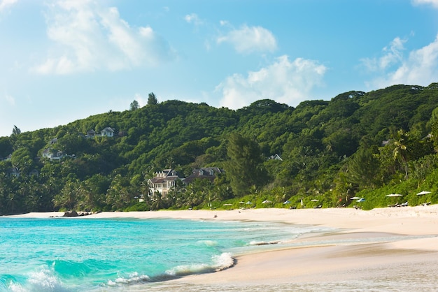 Tropischer Strand auf der Insel Mahe Seychellen an sonnigen Tagen