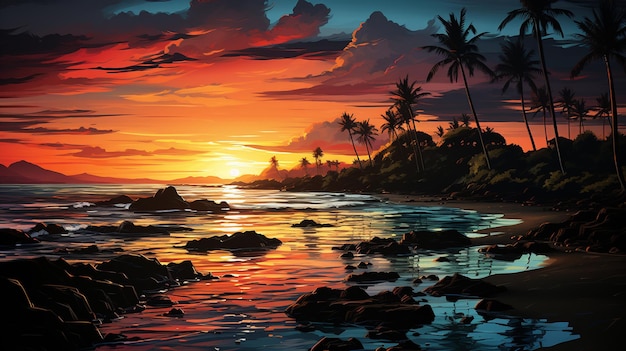 Tropischer Strand bei Sonnenuntergang mit Palmen