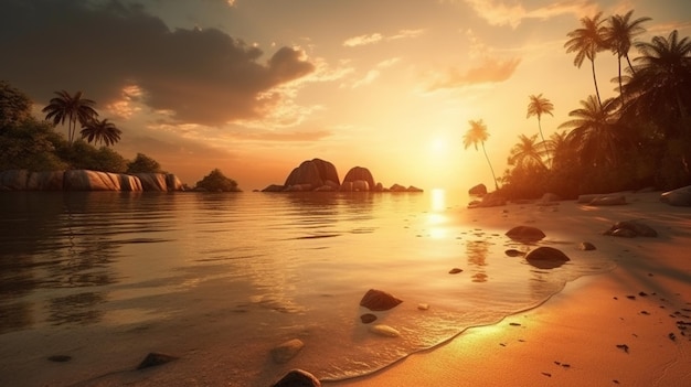 Tropischer Strand bei wunderschönem Sonnenuntergang auf den Seychellen. Generative KI