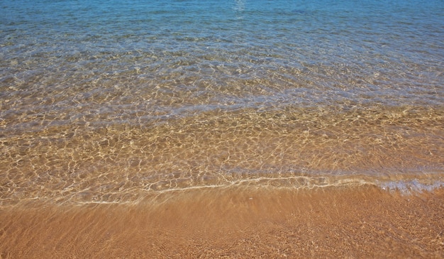 Tropischer Strand des ruhigen Seestrandhintergrundes Sommer mit Sandozeanwasser natürlicher Meereslandschaft
