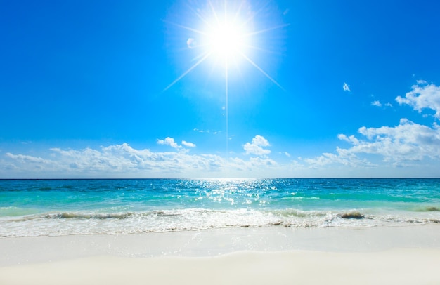 Tropischer Strand in Malediven mit wenigen Palmen und blauer Lagune