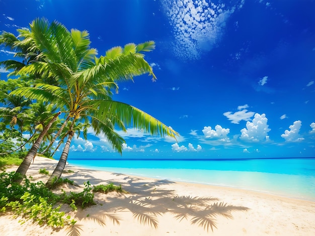 Foto tropischer strand mit blauem himmel und einer grünen blattpflanze