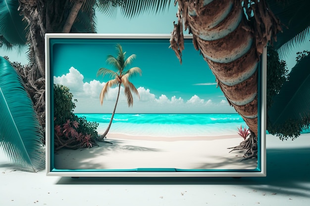 Tropischer Strand mit blauem Wasser und Palmen Mockup Frame Illustration Generative AI