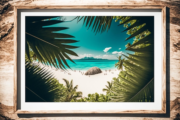 Tropischer Strand mit blauem Wasser und Palmen Mockup Frame Illustration Generative AI