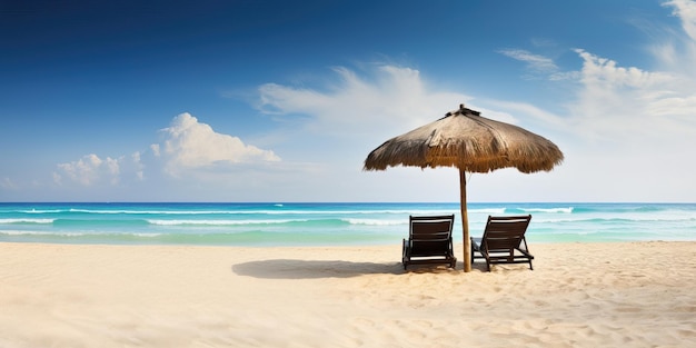 Tropischer Strand mit Hängematte und Sonnenschirm mit klarem Himmel