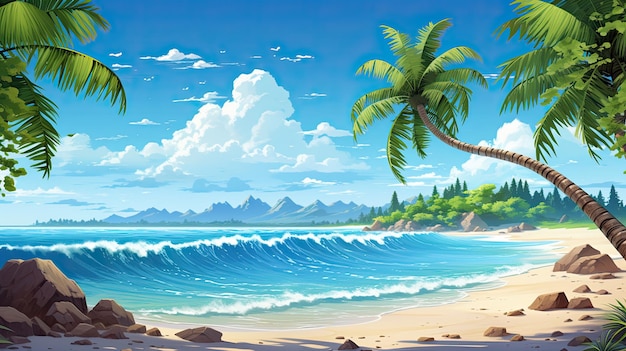 Tropischer Strand mit Inselkulisse und Palmenblättern. Sandstrand mit kristallklarem Wasser