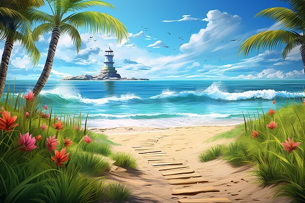 Tropischer Strand mit Leuchtturm