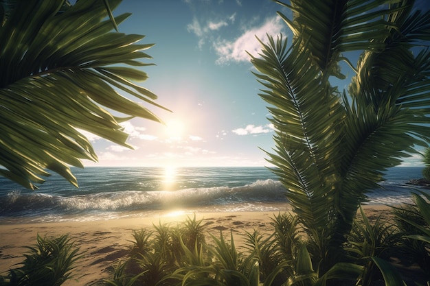 Tropischer Strand mit Palmblättern und dem Meer im Hintergrund generative KI