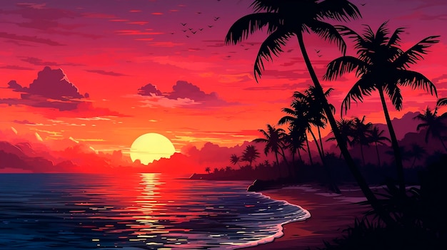 Tropischer Strand mit Palmen bei Sonnenuntergang, Vektorillustration, AI generiert