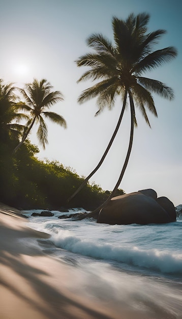 Tropischer Strand mit Palmen beim Sonnenuntergang Seychellen