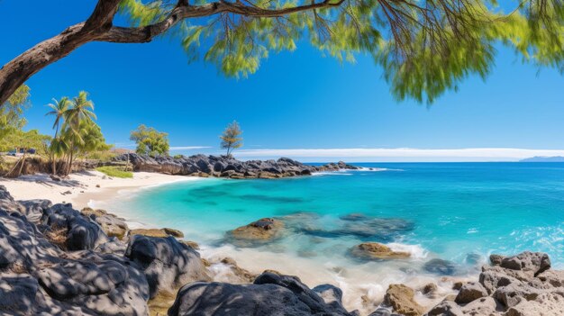 Tropischer Strand mit Palmen und ruhiger Lagune, idealer Urlaubsort für Entspannung