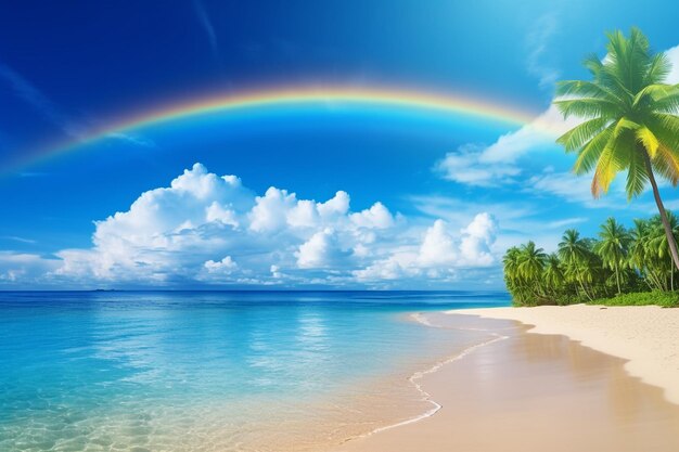 Tropischer Strand mit Regenbogen über dem Kopf