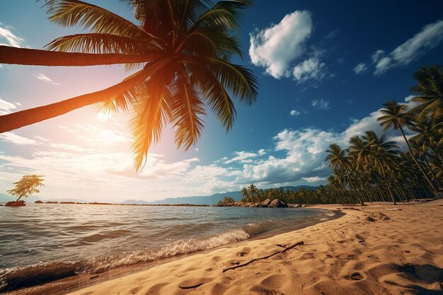 Tropischer Strand mit schattigen Palmen