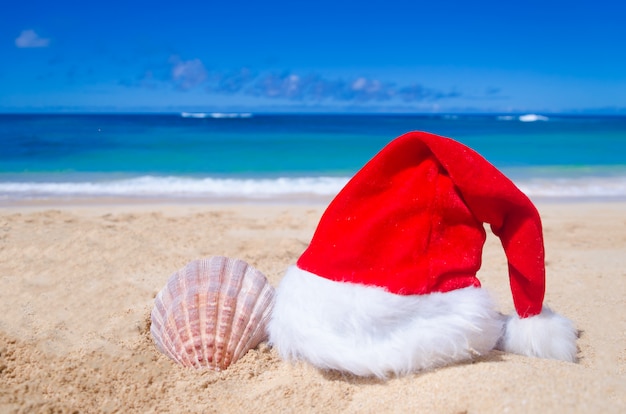 Tropischer Strand mit Weihnachts- oder Sankt-Hut und Muschel