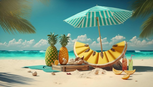 Tropischer Strand mit Zubehör zum Sonnenbaden Sommerurlaub Hintergrund Generative Ai