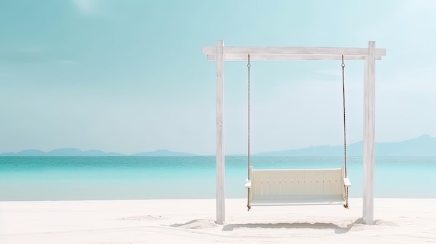 Tropischer Strandhintergrund mit weißer Strandschaukel und weißem Sand und ruhigem Meeresstrandbanner