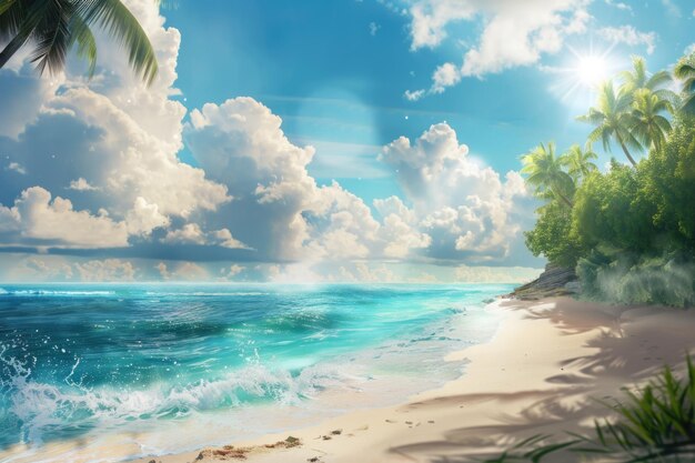 Tropischer Strandurlaub mit Sonne, Meer und Wolken