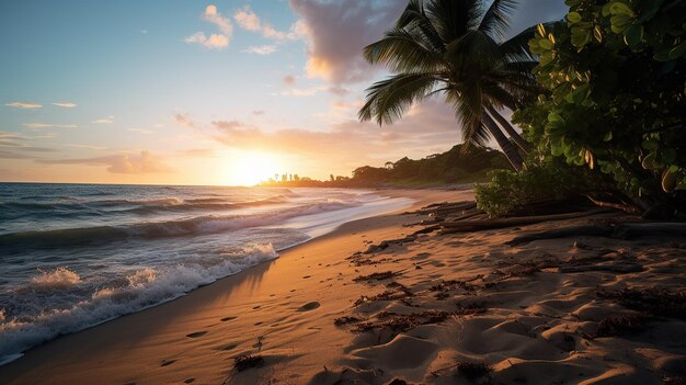 Tropischer, üppiger Grün am Strand bei Sonnenuntergang