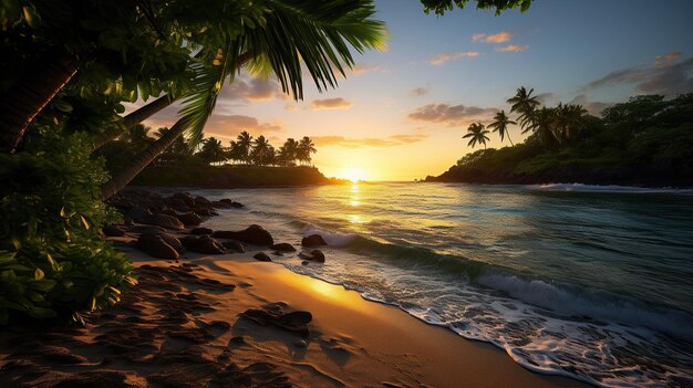 Tropischer, üppiger Grün am Strand bei Sonnenuntergang