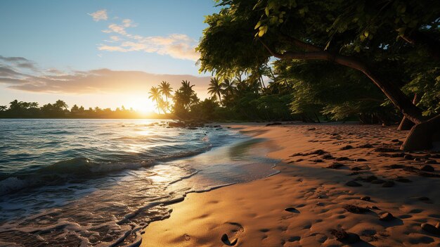 Tropischer, üppiger Grün am Strand bei Sonnenuntergang