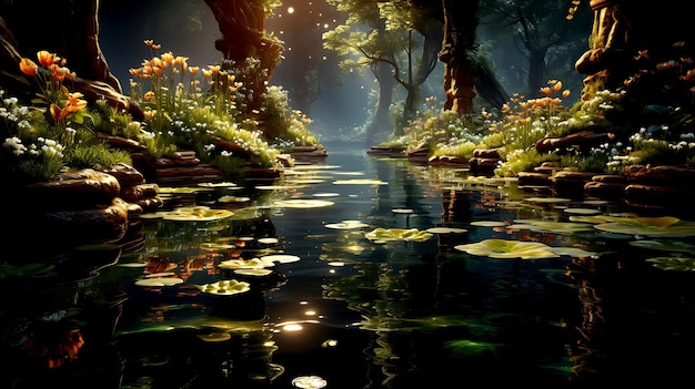 Tropischer und exotischer Nachtwald, Märchenwald mit mystischen magischen Lichtern, reflektiertes Wasser, lebendiges Grün des Waldes, unwirkliche Welt