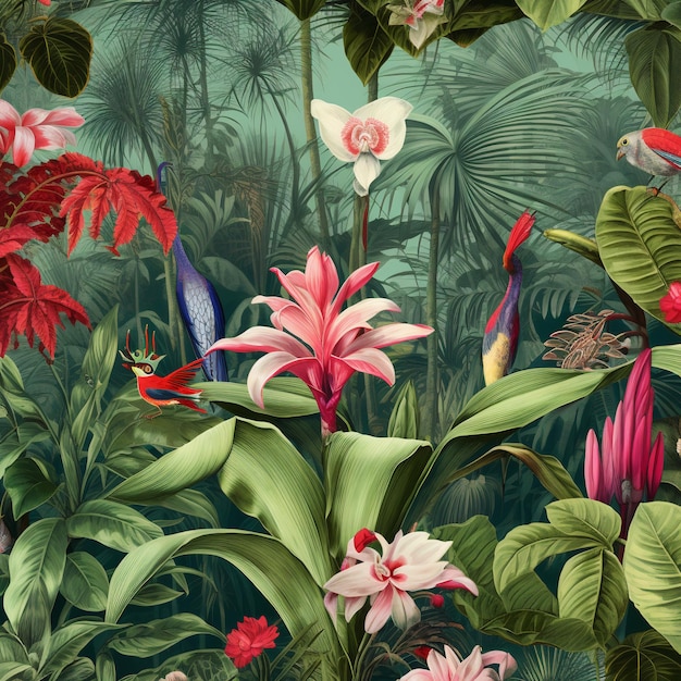 Tropischer Vintage-Gartenmusterdruck mit Blumen- und Vogelmodell sowie T-Shirts und Material