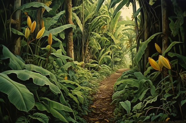 Tropischer Wald mit einem Pfad, der in den Dschungel führt Digitale Malerei