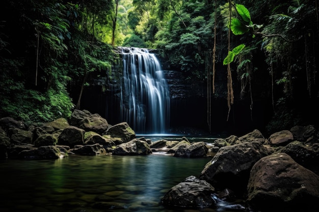 Tropischer Wasserfall im Regenwald, Langzeitbelichtungsfoto Langzeitbelichtung eines Wasserfalls im Dschungel Khao Yai Nationalpark Thailand AI generiert