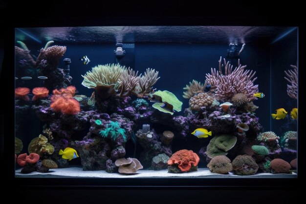 Tropisches Aquarium mit Blick auf das Meer und Wellen am Horizont, erstellt mit generativer KI