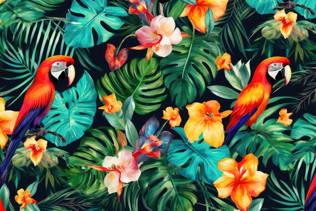 Tropisches exotisches Muster mit Tieren und Blumen in leuchtenden Farben und üppiger Vegetation ai generativ