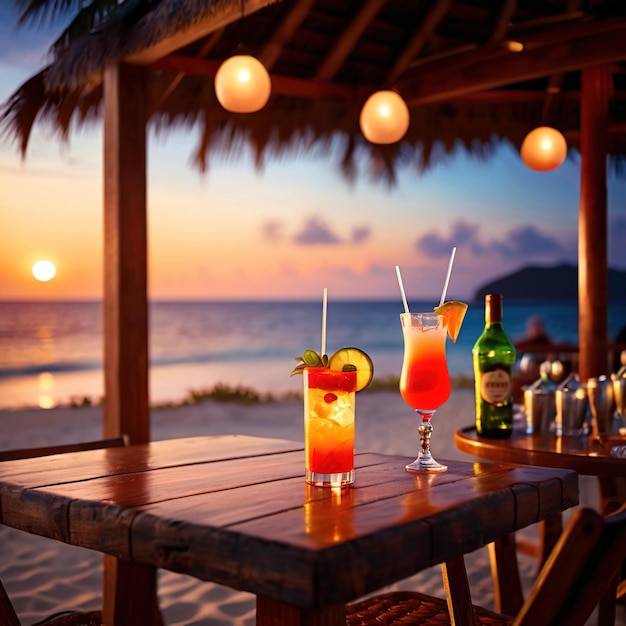 Tropisches gemischtes Getränk im Freien am Strand während der Sonnenuntergang Sommerferien Erfrischung