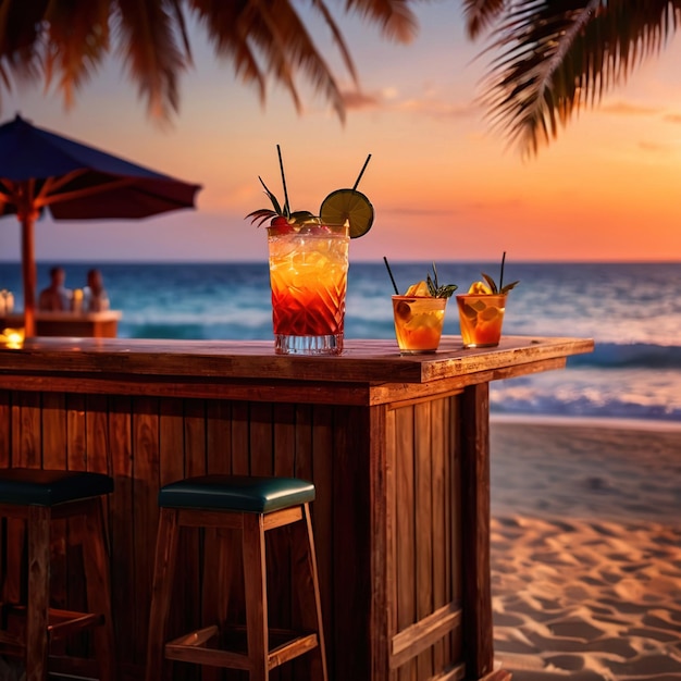 Tropisches gemischtes Getränk im Freien am Strand während der Sonnenuntergang Sommerferien Erfrischung