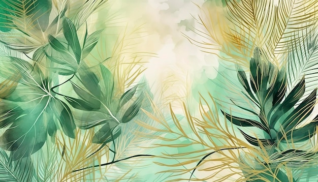 Tropisches Laub-Aquarell-Hintergrundvektor. Sommerliches botanisches Design mit goldener Strichzeichnung, Palmblätter, grüne Aquarelltextur. Luxuriöse tropische Illustration für Banner, die KI erzeugen