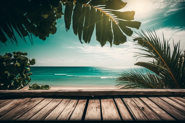 Tropisches Meer des Sommers mit Wellenpalmenblättern und blauem Himmel Illustrator AI Generative