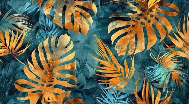 Tropisches Muster Aquarellpalmenblätter Monstera Bananenblätter auf grunge blauem Hintergrund