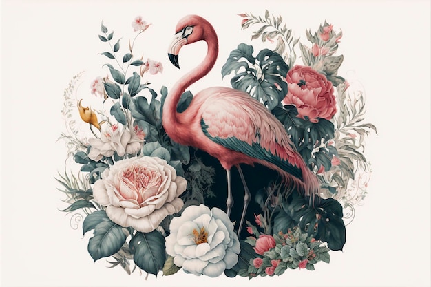 Tropisches nahtloses Muster mit Flamingo Aquarell tropische Zeichnung Rosenvogel und grüne Palme tropische grüne Textur exotische Blume ai generativ