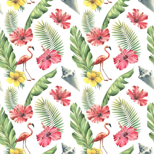 Tropisches, nahtloses Muster mit Palmblättern, rosafarbenen Flamingos, roten Hibiskusblüten und Muscheln auf weißem Hintergrund. Aquarellillustration handgezeichnet für Textiltapetenverpackungen